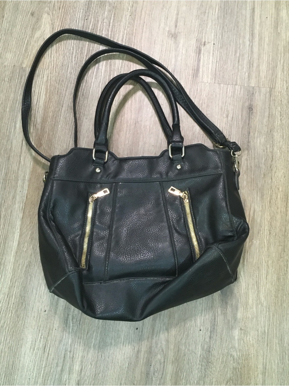 Black Leather Tote Bag with Gold Zippers - Unbranded